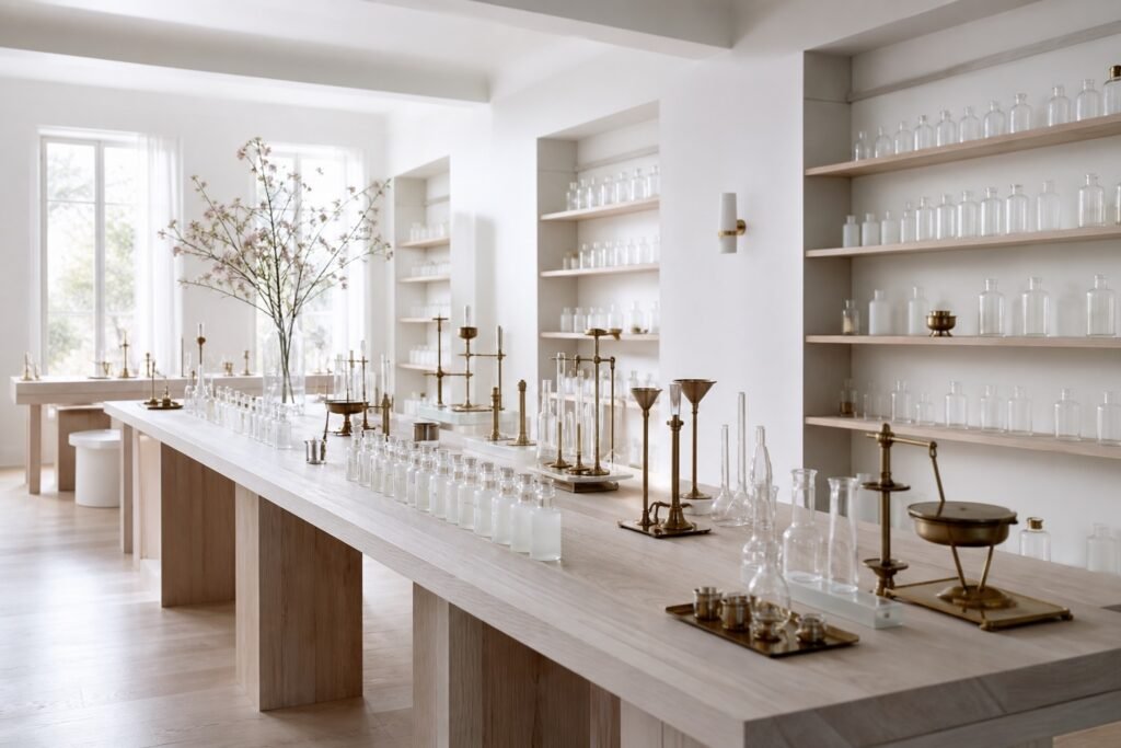 Perfume counter with glass vials and shelving of bottles